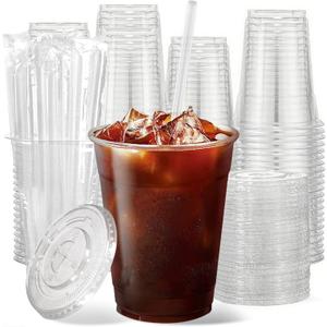 100 Pack 12 oz Clear Plastic Cups with Lids and Straws, Disposable Plastic Coffee Cups with Lids, Party Cups for Iced Coffee, Smoothies and Cold Drinks