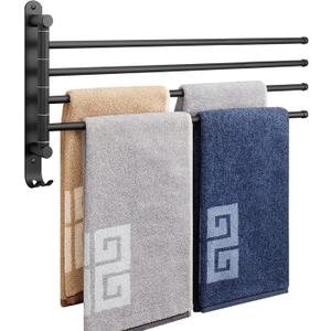 NearMoon Swivel Towel Rack, 19.5" Thicken 304 Stainless Steel 4-Arm Towel Bar, Space Saving Wall Mounted Towel Holder with Hook, Rustproof Swing Out Towel Hanger for Bathroom, Kitchen (Matte Black)