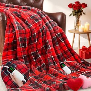 Heated Electric Blanket Twin Size,62X84 Heating Blanket,Red Plaid Soft Sherpa Blankets Warmer Gift for Grandma Women Adult,Fast Heating Washable