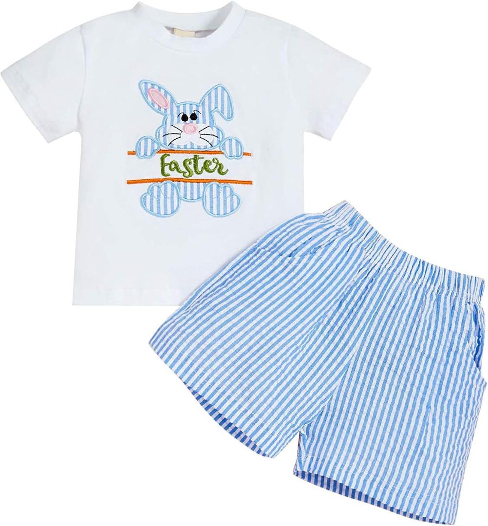 Sinhoon Baby Girl Boy Easter Outfits Infant Bunny Pattern Romper+Blue Stripes Suspender Pants Toddler Easter Clothes Sets (White)