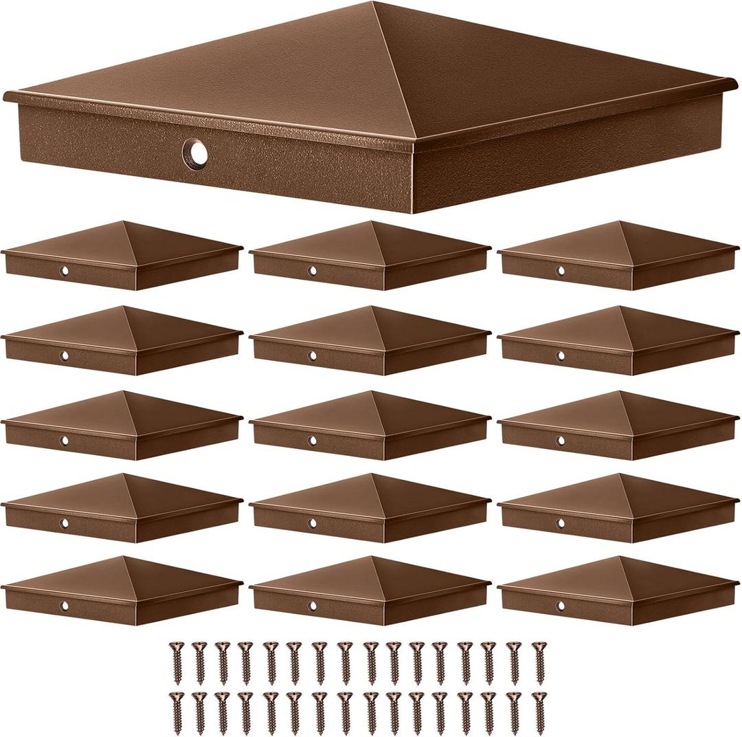 Dunzy 16 Pcs 6 x 6 Post Caps Aluminum Pyramid Decorative Fence Post Covers Works Only for Actual 5.5 x 5.5'' Wood Square Metal with Screws for Corridors Decks Mailbox Pole(Brown)