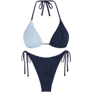 ZAFUL Bikini Sets for Women Halter Two Piece Swimsuit Ribbed High Cut Tie Side Thong Bathing Suit Sexy Padded Swimwear (Small, Navy Blue)