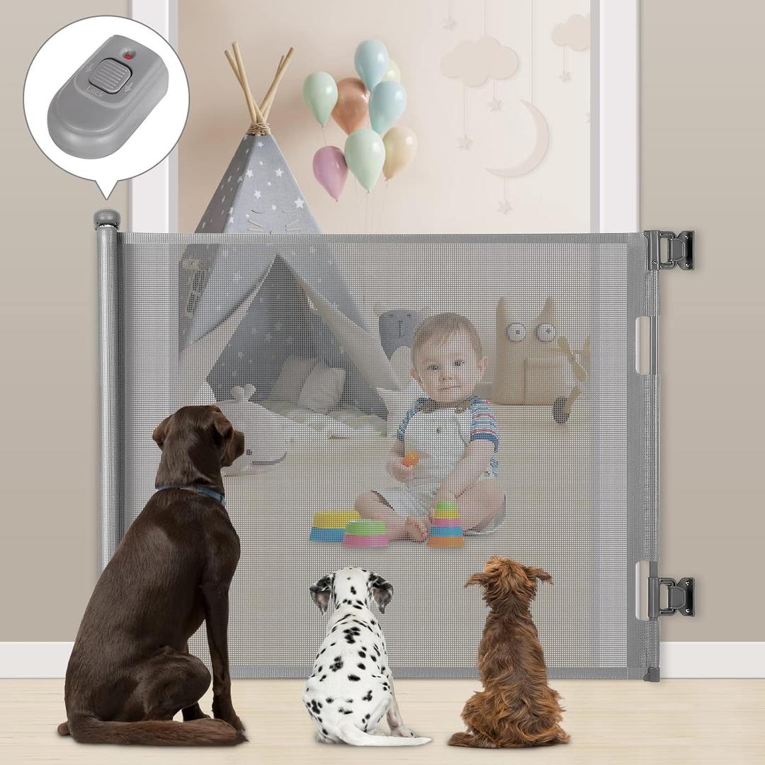 Retractable Baby Gate, Extra Wide Safety Kids or Pets Gate, 33 Tall, Extends to 55 Wide, Mesh Safety Dog Gate for Stairs, Indoor, Outdoor, Doorways, Hallways, Easy to Wipe(Grey)