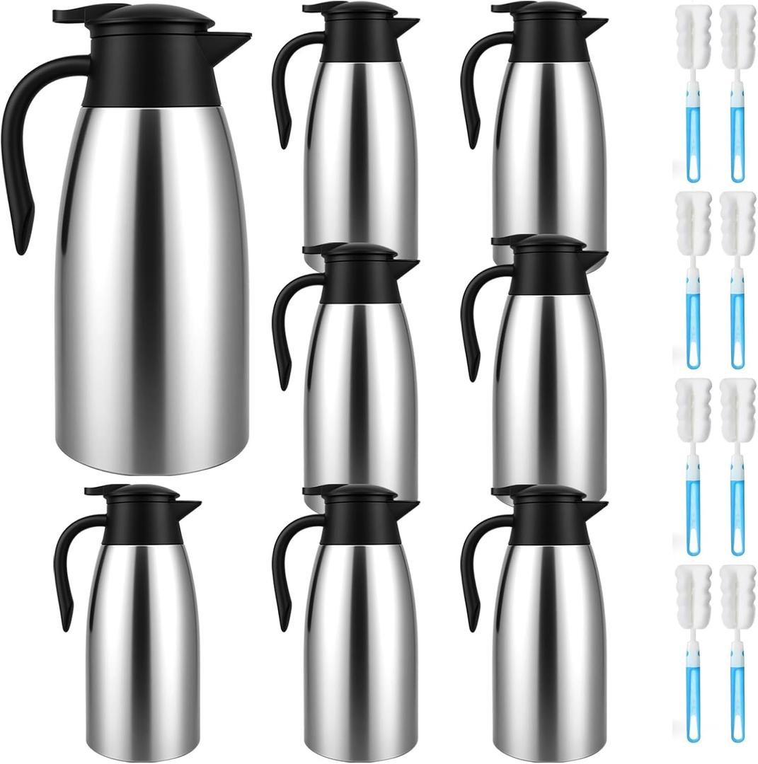 8 PCS 68 Oz Thermal Coffee Carafe with 8 PCS Brushes, SUS 304 Stainless Steel Double Walled Vacuum Insulated Coffee Carafes for Keeping Hot 12 Hours, Cold 24 Hours, Carafe for Hot Liquids, Beverages