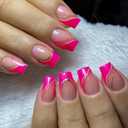 Pink Press on Nails Short Square Fake Nails French Tip False Nails with Gold Glitter Line Designs Glossy Glue on Nails Full Cover Acrylic Stick on Nail Hot Pink Artificial Nail for Women Manicure (Style-5)
