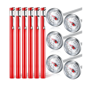 Xuhal 6 Pcs Stainless Steel Kitchen Thermometer with 5 Inch Long Stem 1 Inch Dial Thermometer Milk Frothing Food for Oven Probe Meat Grill BBQ Cooking Chocolate Water(Red)