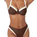 SUUKSESS Women Color Block Underwire Bikini Sets Cheeky High Cut 2 Piece Swimsuit (Small, Beige Brown)
