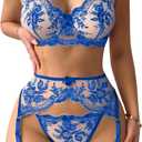 Lilosy Sexy Floral Embroidery Mesh Sheer Underwire Push Up Garter Belt Lingerie Set 3 Piece (Blue, XL)
