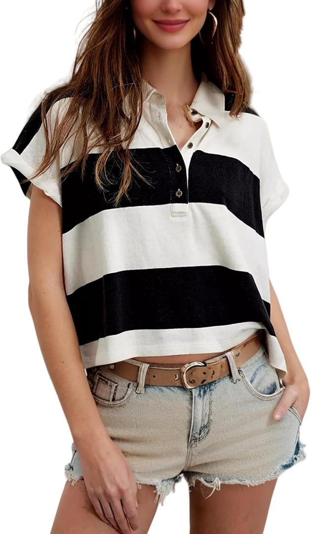 Womens T Shirts Striped Shirt Short Sleeve V Neck Button Down Cropped Tops Ladies Blouses (XL)