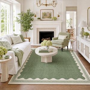 GarveeHome Scalloped Washable Rugs 5x7 Rug for Living Room, 5 x 7 Rug Solid Sage Green Modern Low-Pile Carpet for Bedroom Dining Nursery Non Slip Mat with Rubber Back