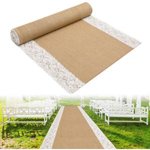 moonoom 20 Ft x 36 in Natural Burlap Wedding Aisle Runner, Rustic Jute Weddings Runway Carpet with Lace, Ceremony Burlap Carpet Roll for Beach Garden Church Reception Craft Decor