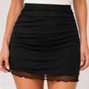 Avanova Women Mesh Ruched Mini Skorts Lettuce Trim Bodycon High Waisted Skirts with Shorts Underneath Black Medium (M)