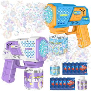 Bubble Toy with Lights, Bubble Machine with 2 Bottles 10 Bags Refill Solution, Bubble Guns for Wedding, Birthday, Parties, Outdoor Toy, Gift, Bubble Guns for Ages 12+ (2 Pack)