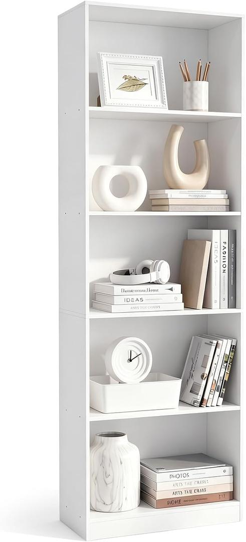5-Tier Open Cube Storage Organizer Freestanding White Bookshelf, 5 Cube Bookcase Shelf for Sundries Books Bins, 71" H Book Shelves with Back Panels for Garage Study Living Room Home Office, 23.6" W x 11.02" D x 70.87" H