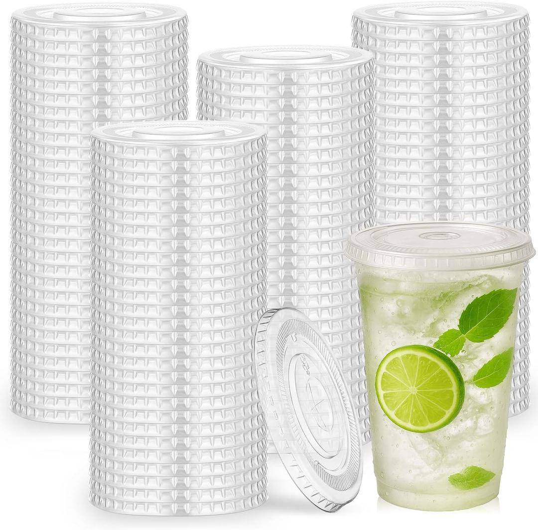 Hortsun 500 Count 98mm Clear PET Plastic Flat Lids with Straw Slot Fits 16, 20, 24 oz Cups Disposable Plastic Transparent Cup Lids for Iced Coffee Milkshake Ice Cream Office Home Travel Supplies
