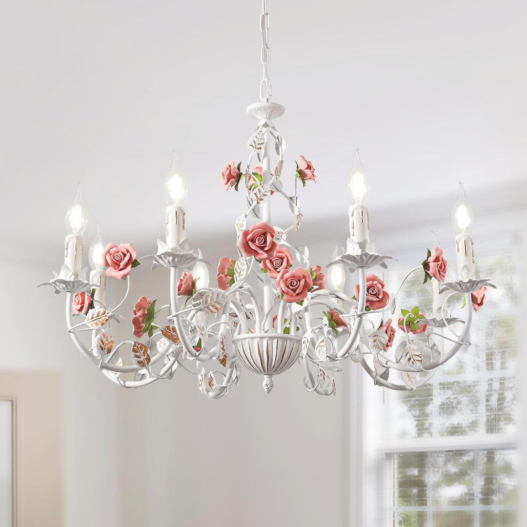 Vintage Flower Chandeliers Ceiling Light,White Metal Pendant Light with Pink Ceramic Rose,French Country E12 Candle Chandeliers for Bedroom Living Room,Girls Room,Kitchen,8 Light