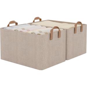 StorageWorks Storage Bins, Fabric Storage Bins for Shelves, Large Storage Baskets with Metal Frame, Closet Baskets and Bins with Handles, Brown and Beige, 2-Pack