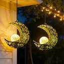 2 x Solar Garden Hanging Moon Lights Outdoor Decor,2 Pack Metal Lanterns Art Decorations for Outside Yard Lawn Patio Wall Fences Driveway Trail,Unique Housewarming Gardening Gifts for Women Mom
