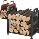 Firewood Rack for Indoor, Heavy Duty Fire Wood Racks Holder, 17.32" Metal Wood Storage Log Holder with Leather Carrier, Small Firewood Stand for Fireplace Patio Deck, Black