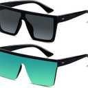 LYZOIT Square Oversized Sunglasses for Women Men Big Flat Top Fashion Shield Large UV Protection Rimless Shades ((2pack) Glossy Black + Mirrored Green)