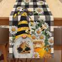 Seliem Spring Bee Gnome Table Runner, Honey Black White Buffalo Plaid Check Home Kitchen Dining Decor, Summer Seasonal Farmhouse Daisy Decorations Indoor Outdoor Anniversary Party Supply 13 x 90 Inch