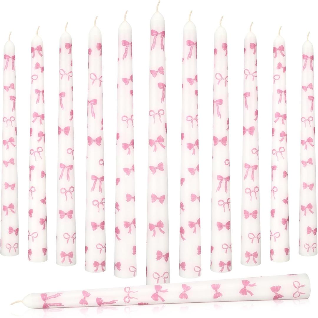 Conelist 12 Pcs Pink Bow Candles 10 Inch Tall Pillar Coquette Pink Bow Taper Candles for Wedding Birthday Anniversary Valentine's Day Girlfriends Dinner Galentines Party