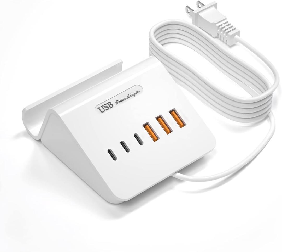 VHBW USB Charging Station, 6 Port 3USB-A and 3USB-C Charging Station for Multiple Devices, Multi USB Nightstand Charger Station with Phone Stand (ETL Listed, 6Ft Extension Cord, White)