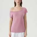 SUUKSESS Women Silk Cashmere Blend Off The Shoulder Tops Summer Lightweight Knit Trendy Sweaters Loose Fit Shirts (Pink, XS)