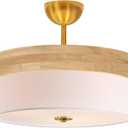 Bargeni 16 Inch Semi Flush Mount Ceiling Light, Modern Wood Drum Ceiling Light Fixture with Fabric Shade, Gold Light Fixtures Ceiling Mount for Living Room, Bedroom, Kitchen, Dining, Hallway,Entryway