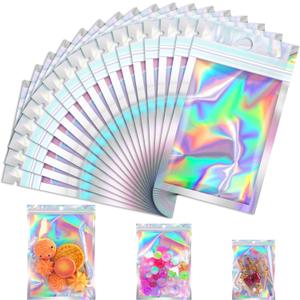 100 Pcs Resealable Mylar Bags, Smell Proof Goodie Bags with Clear Window, Small Holographic Bags for Halloween, Gift, Candy, Bracelet, Keychain, Treat, Product, Sealable Plastic Bags (2.4*3.9inch)