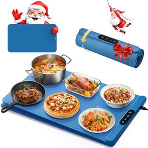 Food Warming Mat with Protective Table Mat, Graphene Fast Full-Surface Heating Mat, Electric Warming Tray with 6 Temperature and 6HoursTimer, Portable Rollable Food Warmer Perfect For Parties Buffet (Blue)