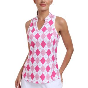 MoFiz Women Racerback Sleeveless Golf Polo Shirt V-Neck Collarless Tennis Running Tank Tops Quick Dry Athletic Casual (Medium, A-pink Plaid)
