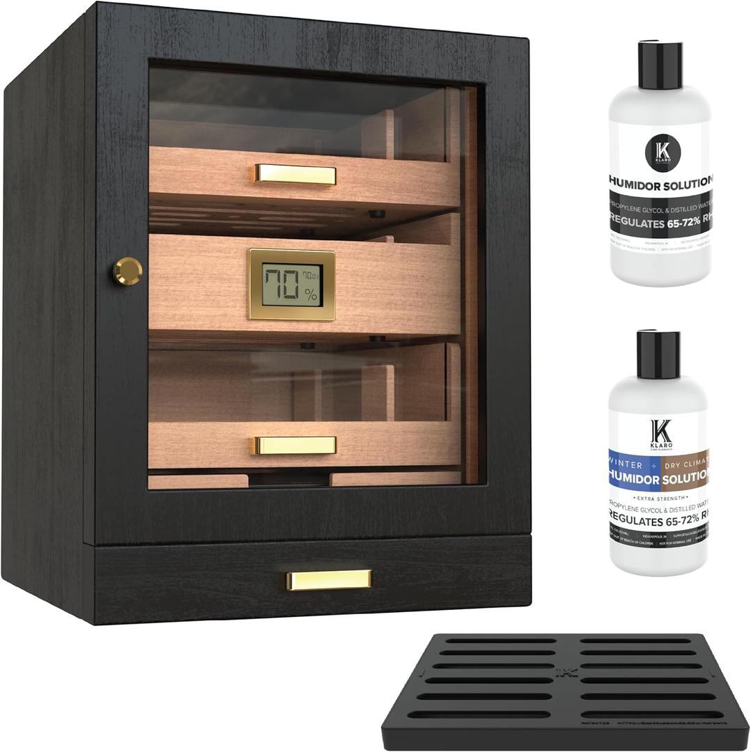 CASE ELEGANCE Luca Humidor Cabinet Stores 80-100, Cigar Humidor Box with Spanish Cedar, Glass Display, Easy Humidification System, Digital Hygrometer - Black