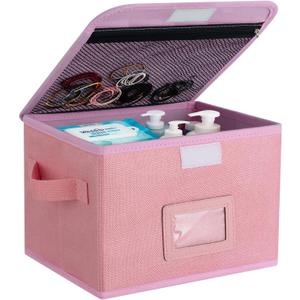 Small Storage Box, Storage Basket with Lid, Foldable Cotton Linen Fabric Keepsake Box, Organizer Container with Zipper for Decorative, Medicine, Greeting Card Organizer. (Pink, 1 Pack)