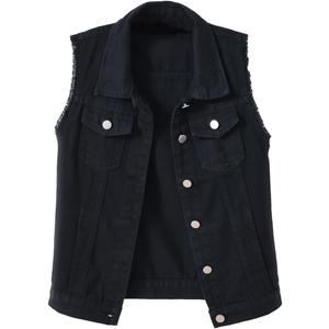 Women's Casual Denim Waistcoat Slim Fit Frayed Sleeveless Jacket Ripped Tops with Pockets (Black, XS)