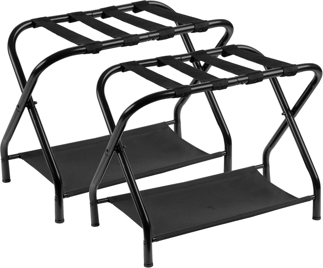 Heybly Luggage Rack for Guest Room, Pack of 2, Steel Folding Suitcase Stand with Storage Shelf for Bedroom, Hotel, Foldable Steel Frame, Guest Room 26.2" L x 14.4" W x 20.5" H, Black HLR004B2
