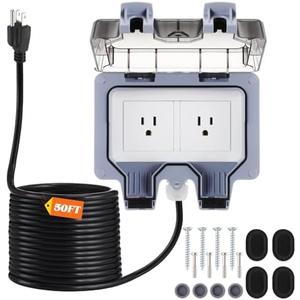 Kanayu Outdoor Outlet Box with 50ft Extension Cord, Dual 15 Amp 5-15 Receptacles Weatherproof Waterproof Ip66 Outdoor Exterior Socket with Cover, 14 Awg/3c Sjtw Cord