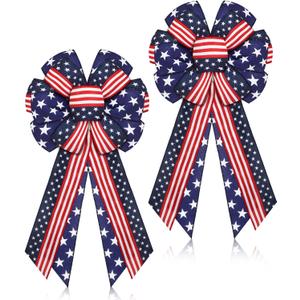 Riceshoot 2 Pcs 4th of July Patriotic Bows USA Red White and Blue Star 250th Anniversary Burlap Bow Tree Topper for Indoor Outdoor Independence Day Party Decoration(Classic)