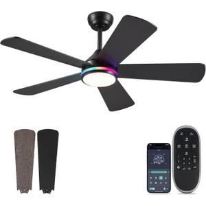 Asyko 46in Black RGB Ceiling Fans with Lights and Remote - Low Porfile Indoor Ceiling Fan, 5 Dual-Sided Blades, 3CCT Dimmable, Modern Ceiling Fan Light for Party, Kid's Room, Bedroom