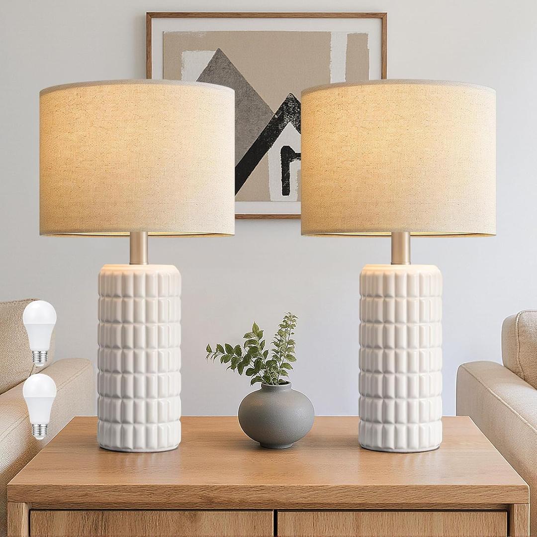 Seealle 23" Modern Ceramic Table Lamps Set of 2 - Table Lamps for Living Room, Farmhouse Bedside Night Stands Lamp for Bedroom, White Boho Nightstand Lamps Set of 2(Bulb Included)