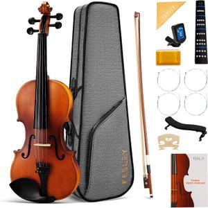 Fesley Violin Fiddle Beginner Set: 1/4 Matt for Student, Acoustic Violin with Hard Case, Solidwood Hand Made Starter Kit with Violin Bow, Rosin, Shoulder Rest, Tuner, Extra Strings