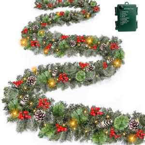 Super Long & Timer 8 Modes - 18 Ft by 10 Inch Prelit Outdoor Christmas Garland for Stair Porch Front Door Mantle, Battery Operated 100 Warm Lights Thick 460 Branch 15 Pinecone 165 Berry Cedar Garland