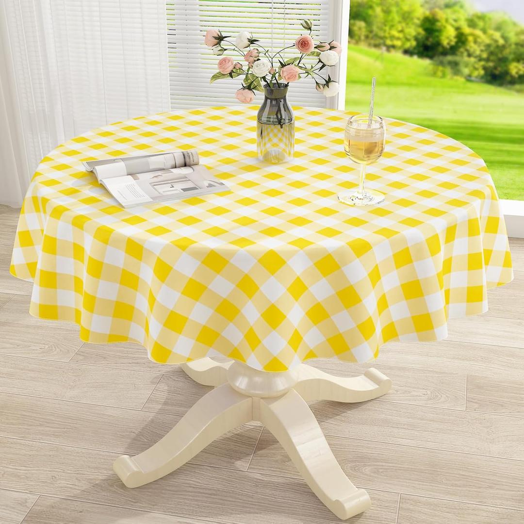 misaya Round Waterproof Vinyl Table Cloth, Buffalo Flannel Backed Tablecloth, Wipeable Plastic Table Cover for Dinner, Kitchen, Picnic (60", Yellow and White)