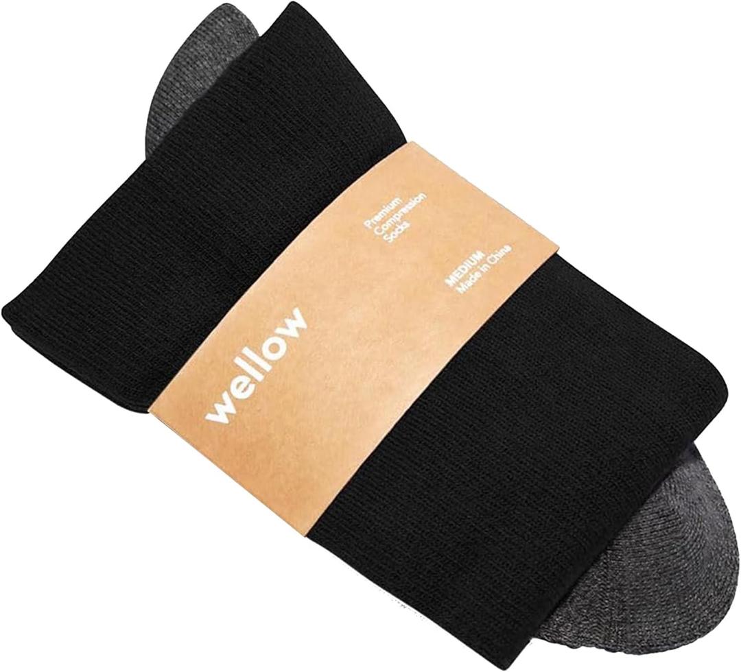 Wellow Knee High Compression Socks for Men & Women | 18-25 mmHg Made with Viscose from Bamboo | Nurses & Pregnancy Support | Relieves Swelling - Front Runner (Large, Black Charcoal - Solids)