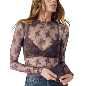 KTILG Lace Long Sleeve Top for Women Mock Neck See Through Shirt Fitted Top Floral Sheer Mesh Tops Club wear Grey S