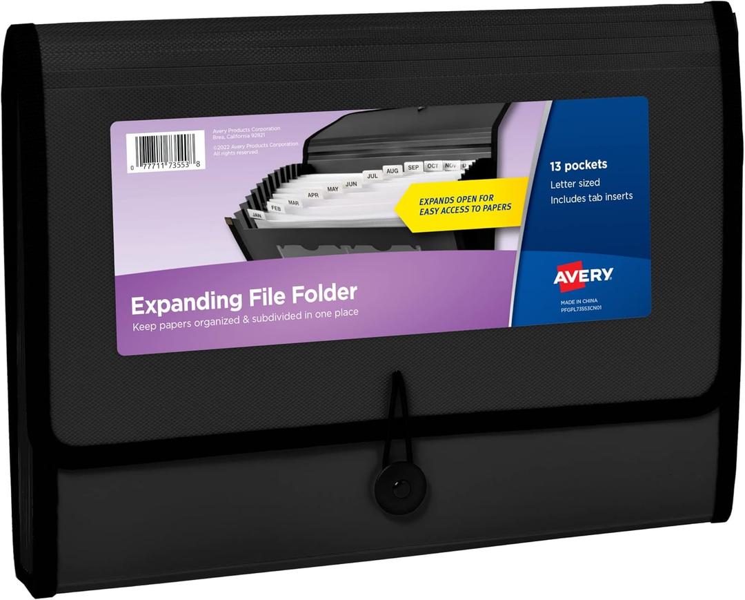 Avery Expanding File Folder Organizer, 13-Pocket Accordion File Organizer, Black, Holds 425 Letter/A4-Size Sheets