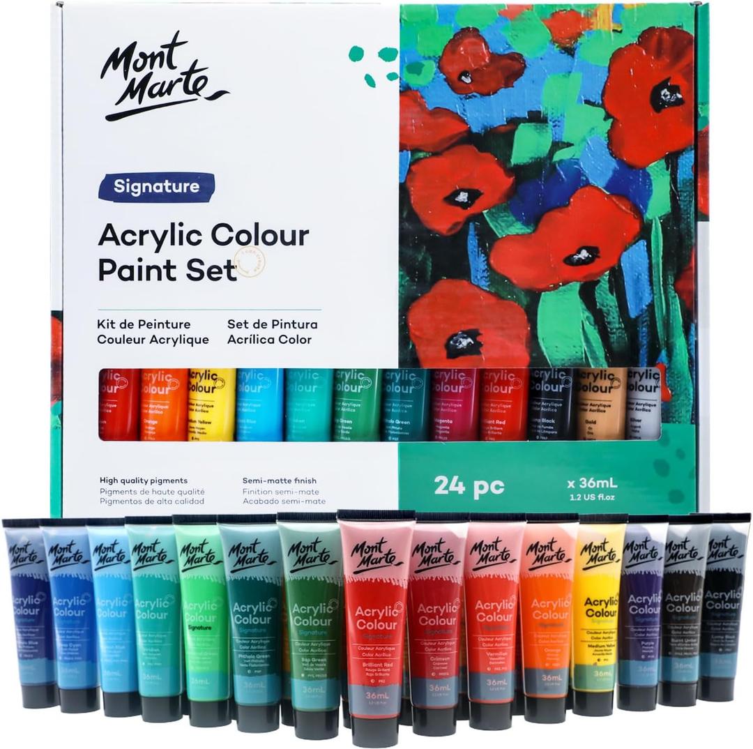 Mont Marte Acrylic Paint Set 24 Colours 36ml, Perfect for Canvas, Wood, Fabric, Leather, Cardboard, Paper, MDF and Crafts (24 Count (Each 1.22 Fl Oz))