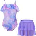 Girls One Piece Swimsuit with Mesh Skirt Printing Bathing Suit Swimwear, (4-5 Years, Lavender)