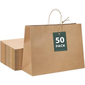 GSSUSA 16x6x12 Large Brown Paper Bags with Handles 50Pcs, Kraft Paper Gift Bags Bulk Bags for Small Business, Grocery & Retail, Boutique Shopping, Merchandise Packaging