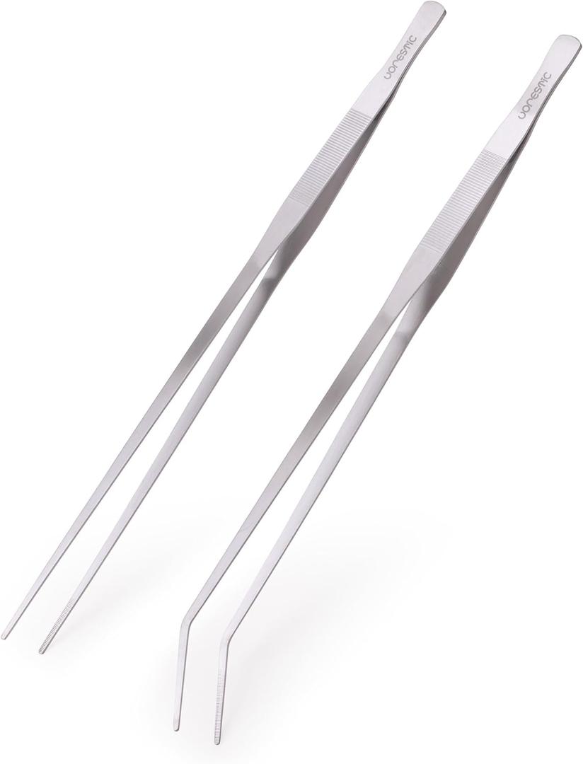 VORESTIC Straight and Curved Aquarium Tweezers Set 18 Inch, Stainless Steel Long Tweezers for Fish Tank Planting, Aquascaping, Reptile Feeding Tongs, Terrarium Tool and Aquarium Tongs (Silver)